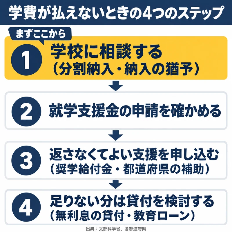 通信制高校の学費が払えないときに学校への相談から就学支援金の確認と給付と貸付の順に進める流れを示した図