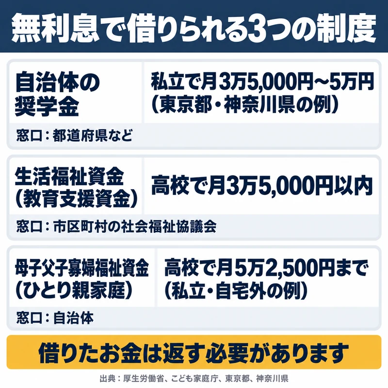 無利息で借りられる自治体の奨学金と生活福祉資金と母子父子寡婦福祉資金の月額と窓口を比べた図
