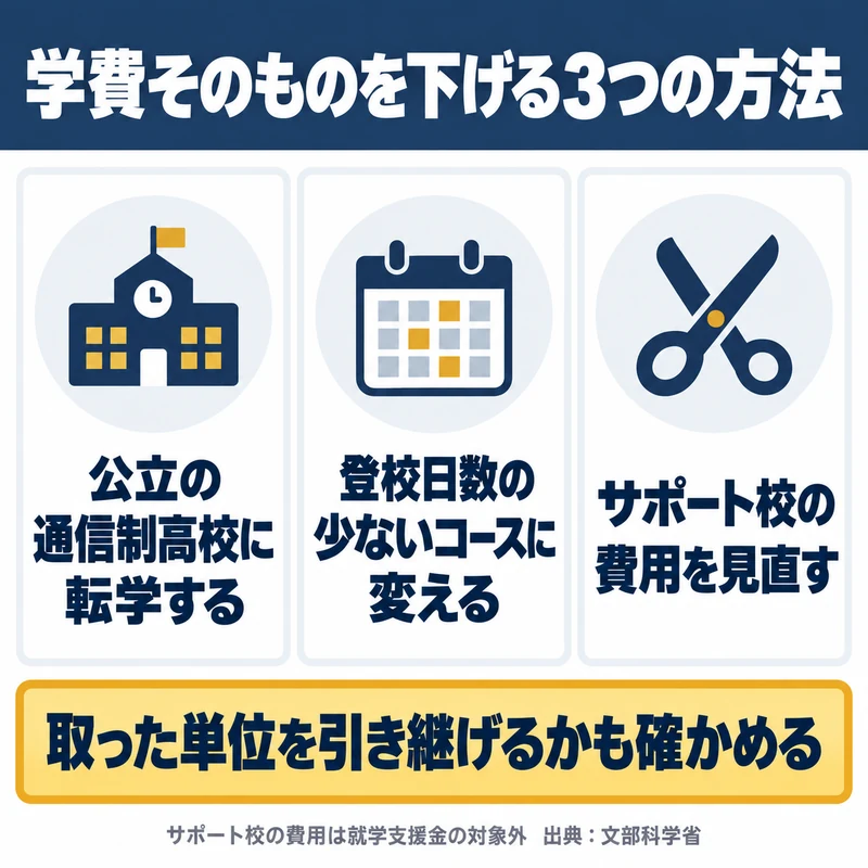 公立の通信制高校への転学と登校日数の少ないコースへの変更とサポート校の見直しで学費を下げる3つの方法を示した図