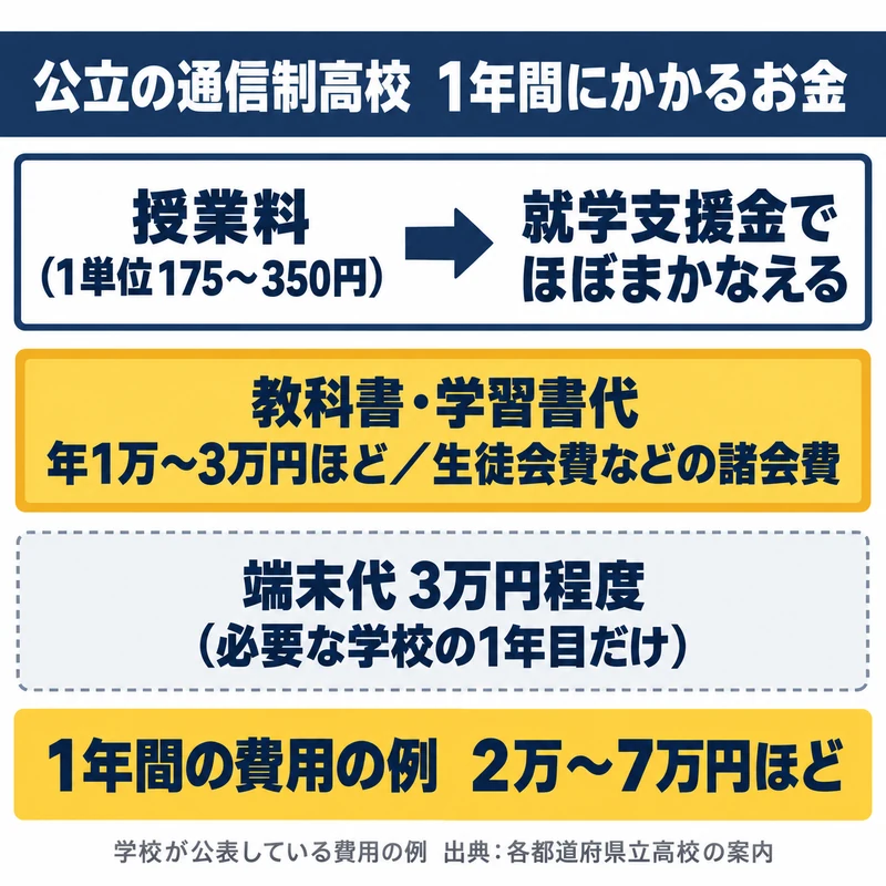 公立の通信制高校の1年間の費用は授業料が就学支援金でまかなわれ教科書代と諸会費が中心で学校によって端末代がかかることを示した図