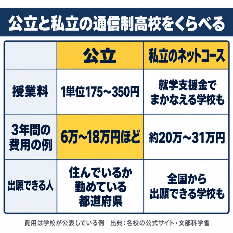 公立と私立の通信制高校の授業料と3年間の費用の例と出願できる人の違いを比べた図