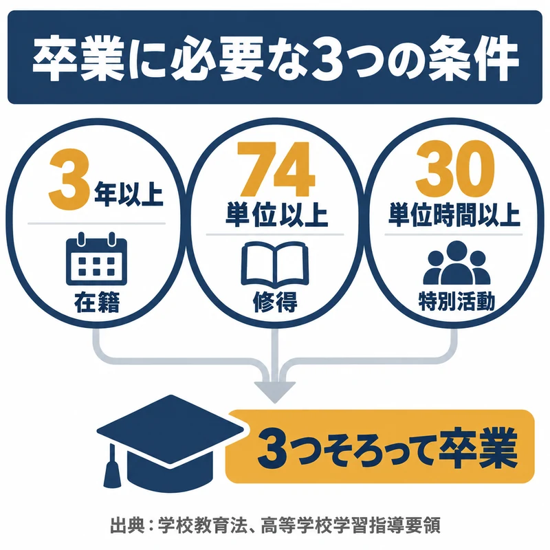 公立の通信制高校を卒業するには3年以上の在籍と74単位以上の修得と特別活動30単位時間以上が必要であることを示した図