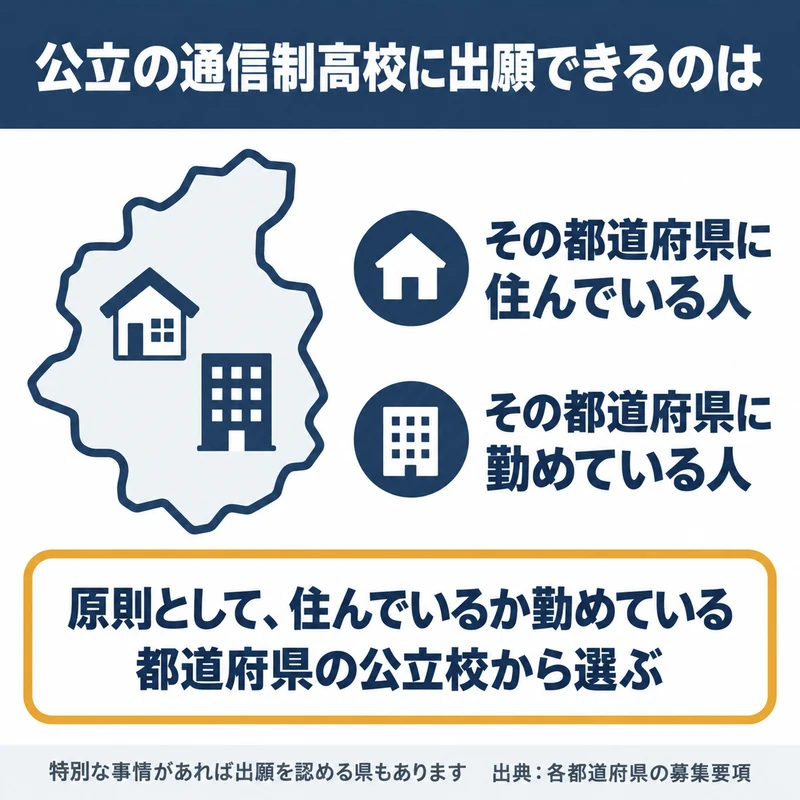 公立の通信制高校に出願できるのは原則としてその都道府県に住んでいるか勤めている人であることを示した図