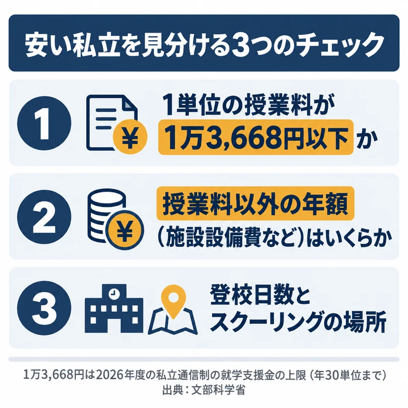 学費が安い私立通信制高校を見分けるために1単位の授業料と授業料以外の年額と登校日数の3点を確認することを示した図