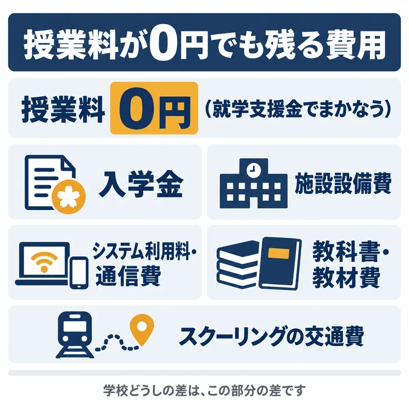 授業料が就学支援金で0円になっても入学金や施設設備費やシステム利用料や教材費やスクーリングの交通費が残ることを示した図