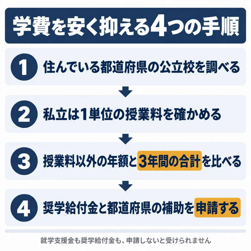 学費を安く抑えるために公立を検討し私立は1単位の授業料と授業料以外の年額を確かめ奨学給付金や都道府県の補助を申請する流れを示した図